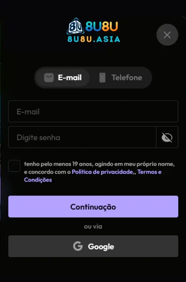 Tela de cadastro no 8U8U cassino